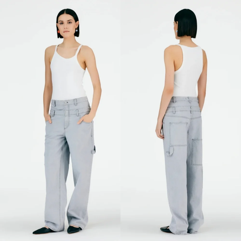 Tibi Grey Denim Double Waisted Sam Jean Size 26 Small Wide Leg Carpenter Jeans - Picture 2 of 9
